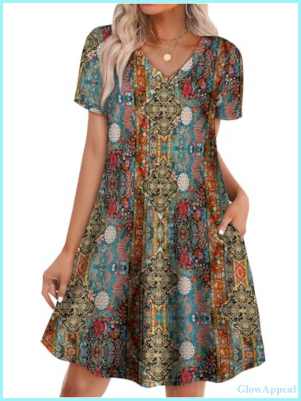 Boho Floral T Shirt Dress V Neck Short Sleeve A-Line with Pockets